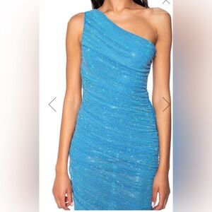 AKIRA She’s That Girl Rhinestone embellished one shoulder ruched Midi Dress Blue